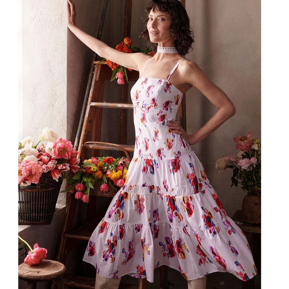iMPOWER by PRABAL GURUNG White Multicolor Floral Midi Fit & Flare Dress Sz 14